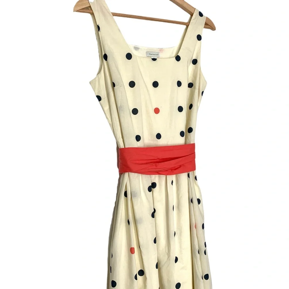 Garnet Hill A-Line Polka Dot Sleeveless Dress w/Tie Belt in Cream Size 6 - Picture 3 of 13